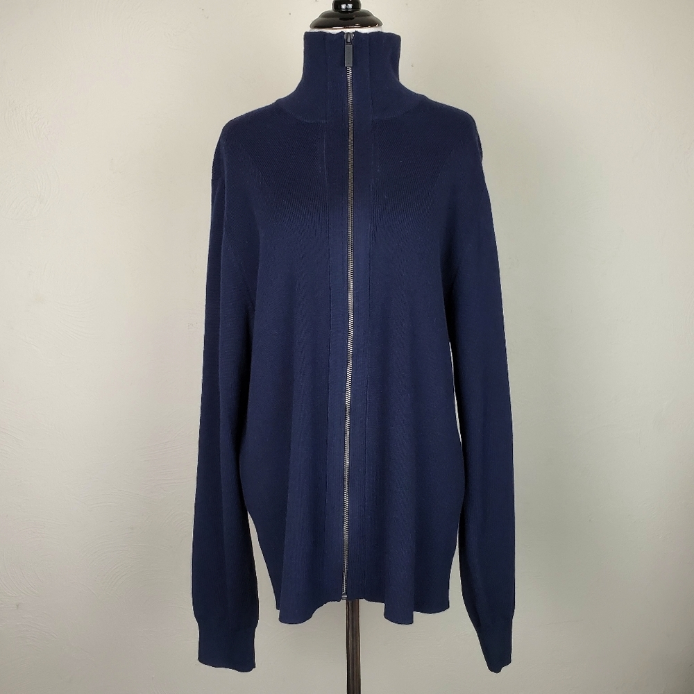 Perry Ellis Sweater Merino Wool Zip Turtleneck Casual Fall Spring Neutral Navy